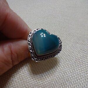 Handmade Heart-Shaped Teal Gemstone Silver Ring - Blue Green Heart Ring Size 6.5